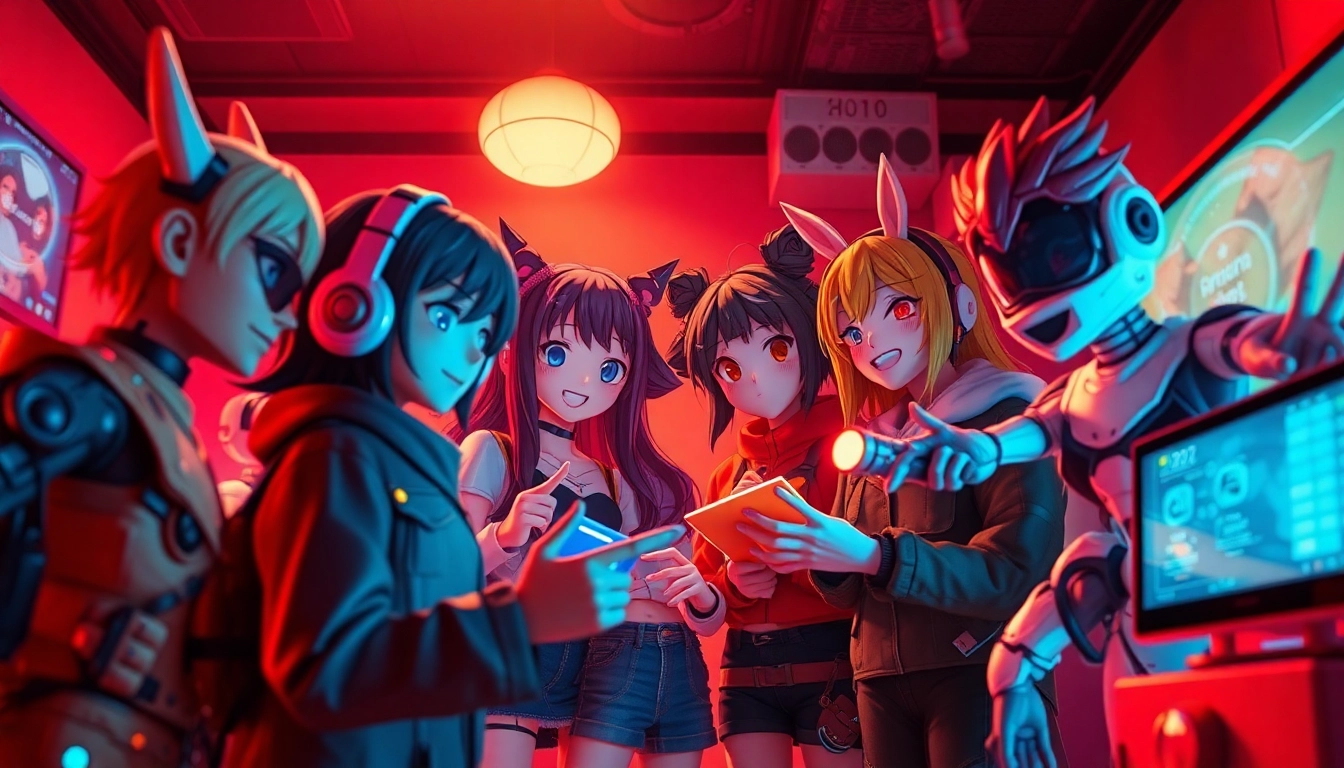 Engaging scene of diverse characters in character AI NSFW chat, showcasing vibrant interactions and futuristic digital elements.