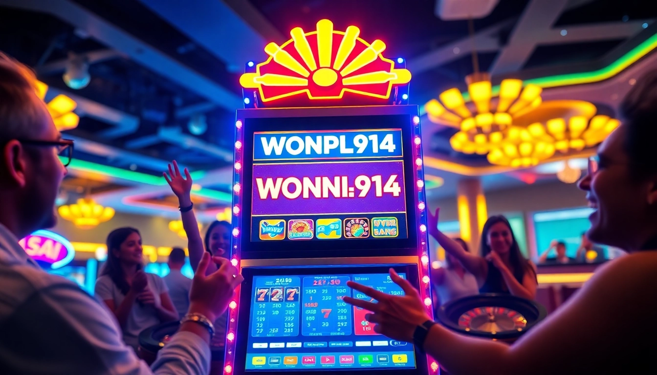 Exciting casino scene showcasing the WONPLAY914 slot machine with joyful players celebrating