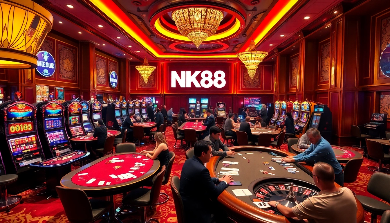 Players enjoying a vibrant casino scene with NK88 branding, featuring tables and slot machines.