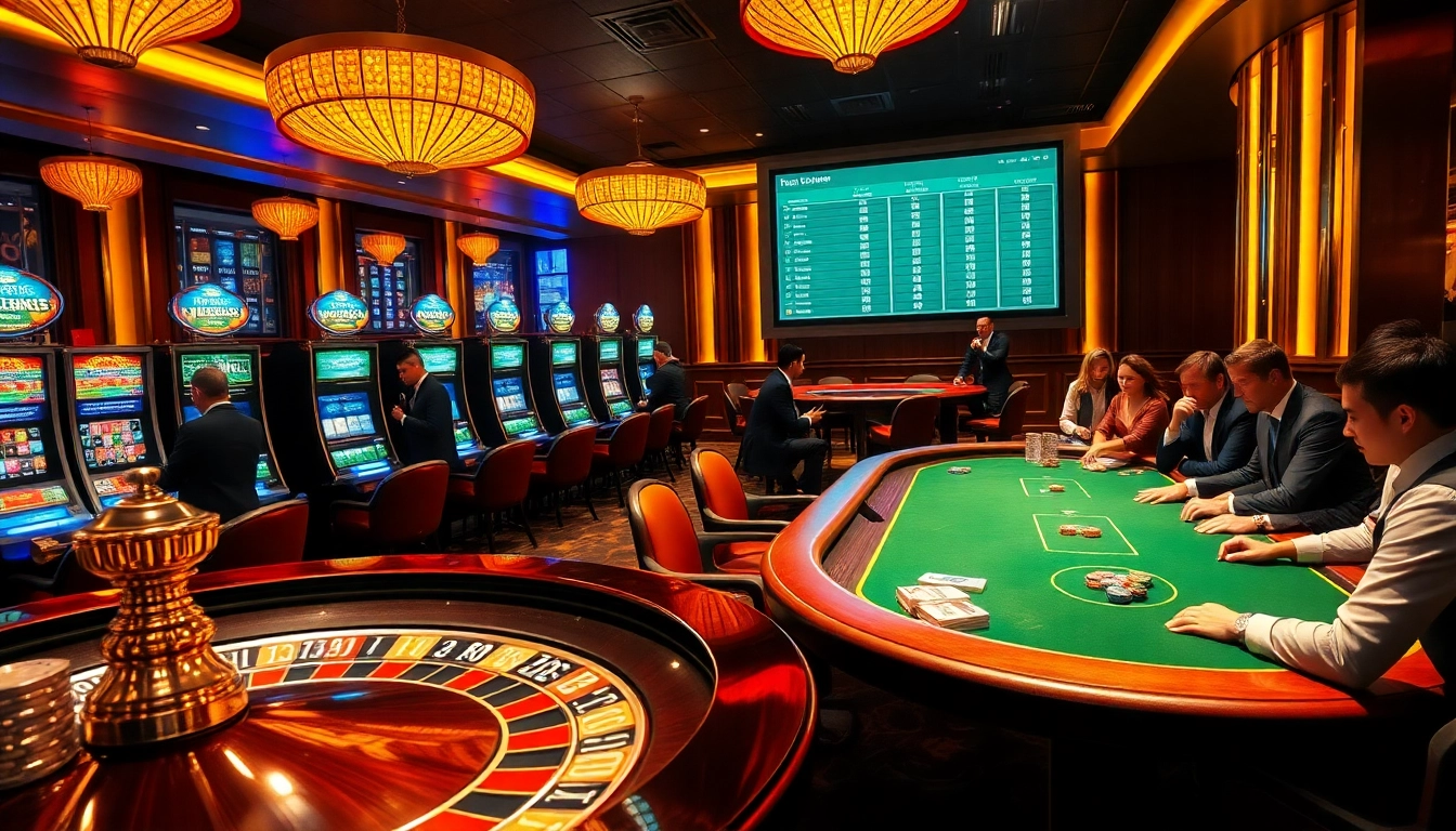 Players enjoying a thrilling gaming experience at UU88 casino featuring roulette and slot machines.