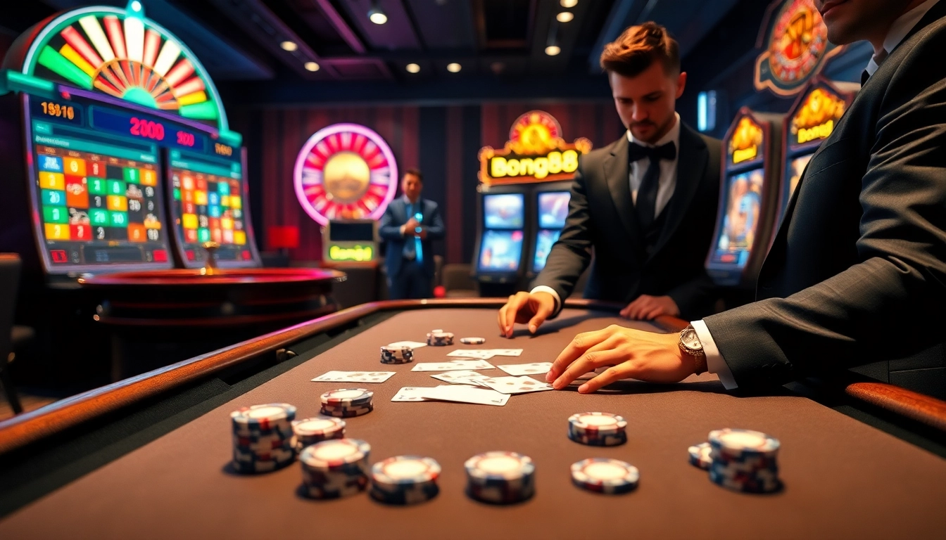Bong88 players enjoying a thrilling online casino experience with poker, slots, and roulette.