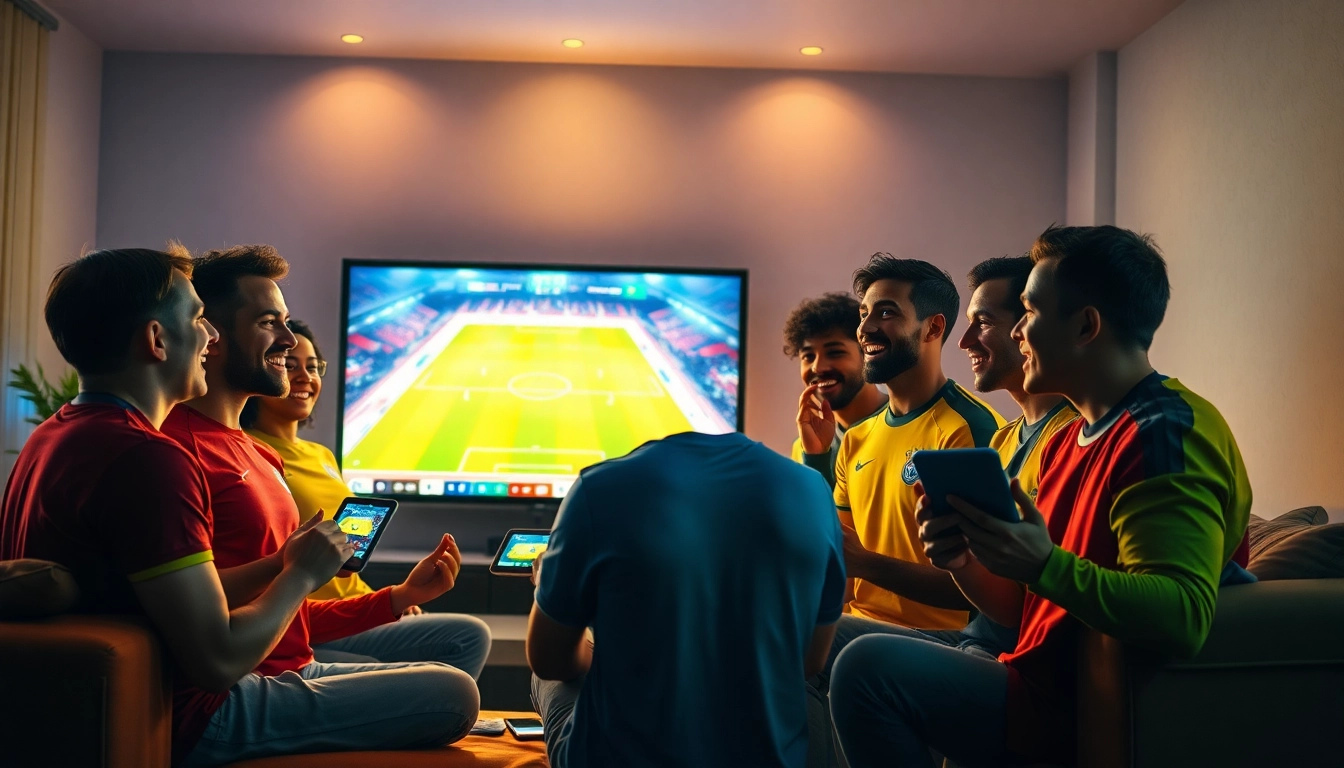 Engaged fans enjoying a football match on joemadfan.com in a cozy living room atmosphere.