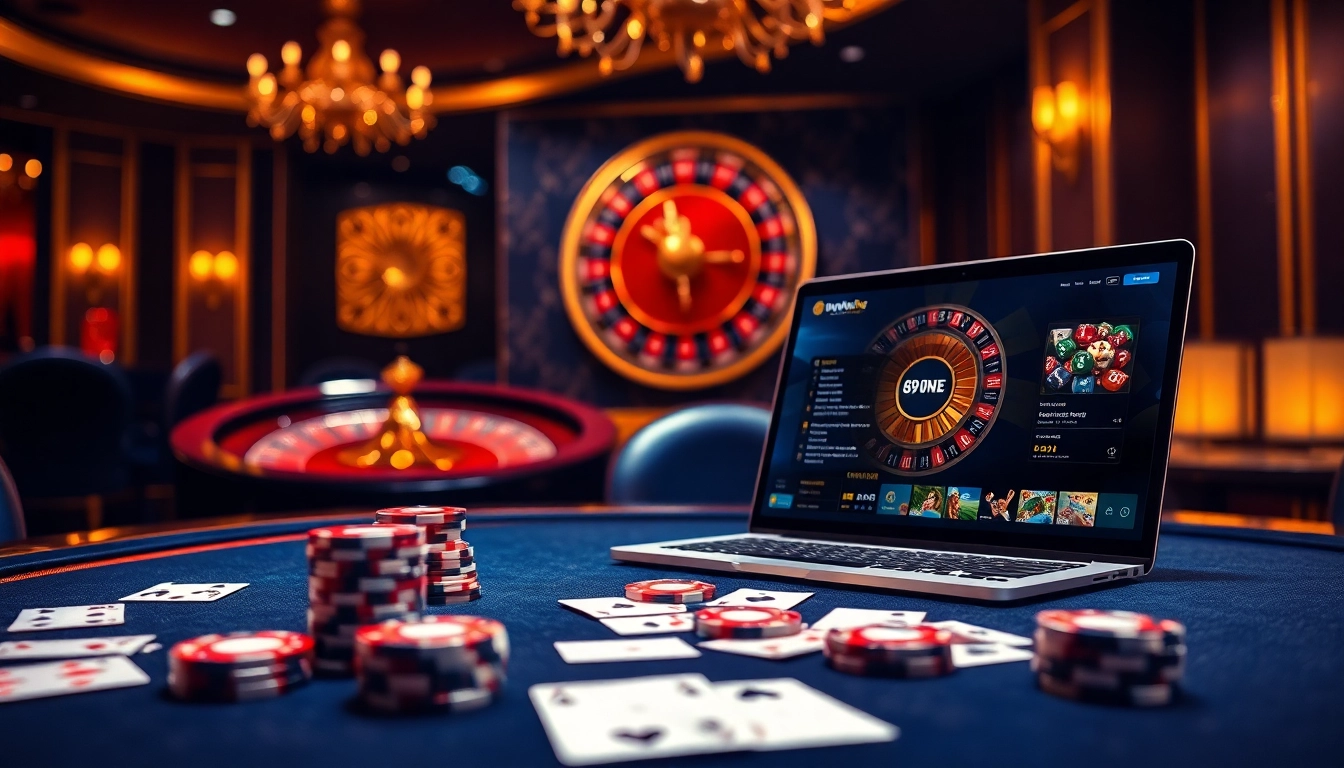 Experience the thrill of online gambling at 69vn.gb.net with a luxurious casino setting featuring poker tables, roulette wheels, and sparkling ambiance.