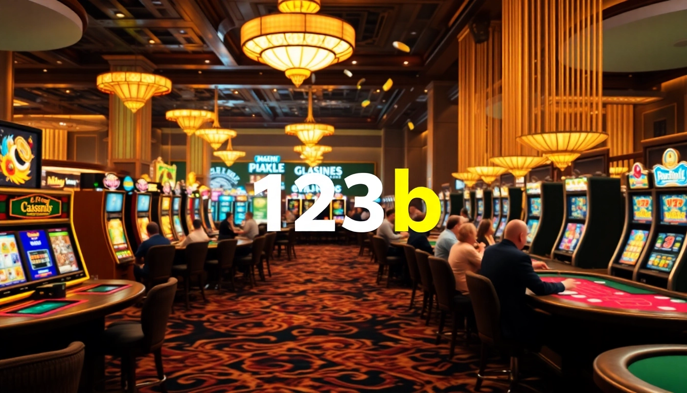 Experience the excitement of 123b with vibrant casino tables and slot machines attracting enthusiastic players.