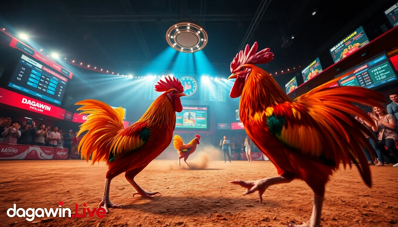 Exciting online cockfighting action at dagawin.live, featuring colorful roosters and live betting displays.