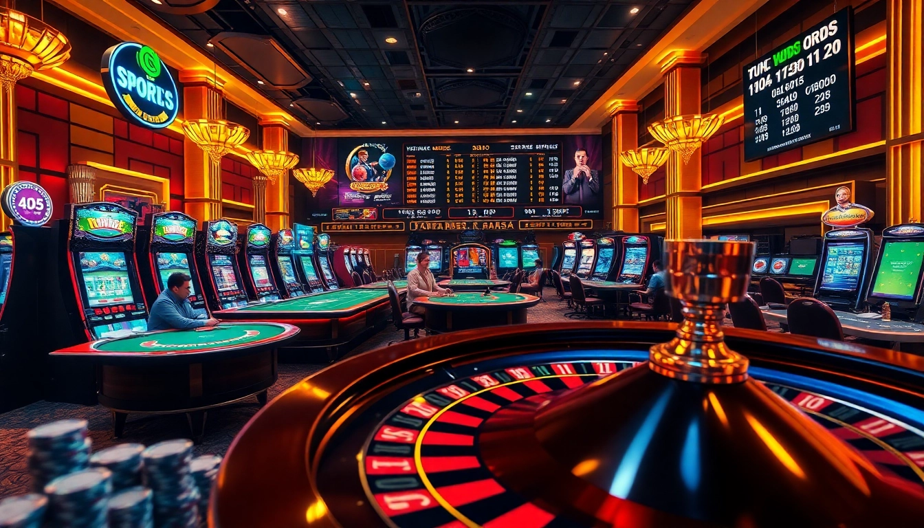 Exciting visual of a luxury casino highlighting tỷ lệ bóng đá kèo nhà cái with poker, roulette, and sports betting tables.