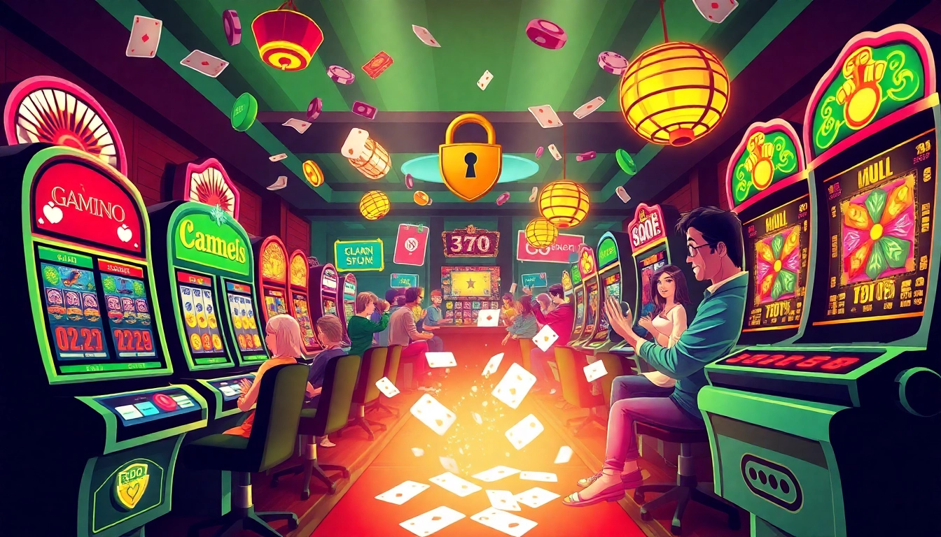 Exciting gaming scene at dittytalk.com featuring vibrant slot machines and enthusiastic players in a modern casino.