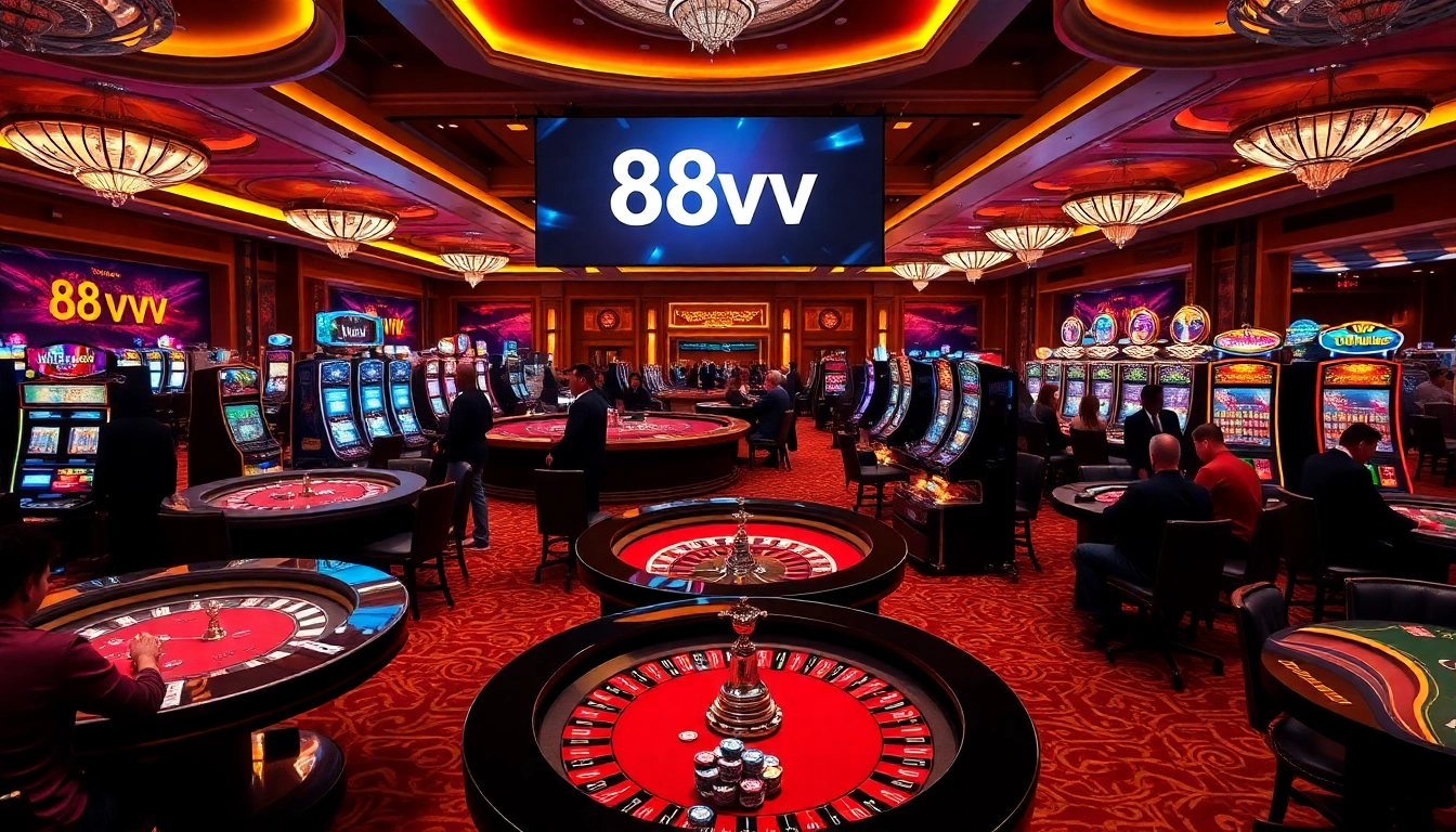 Players enjoying a lively casino atmosphere at 88vv, showcasing roulette and slot machines.