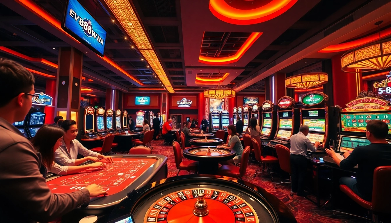 Experience the thrilling atmosphere of ev88win.live, featuring lively gaming and modern casino elements.