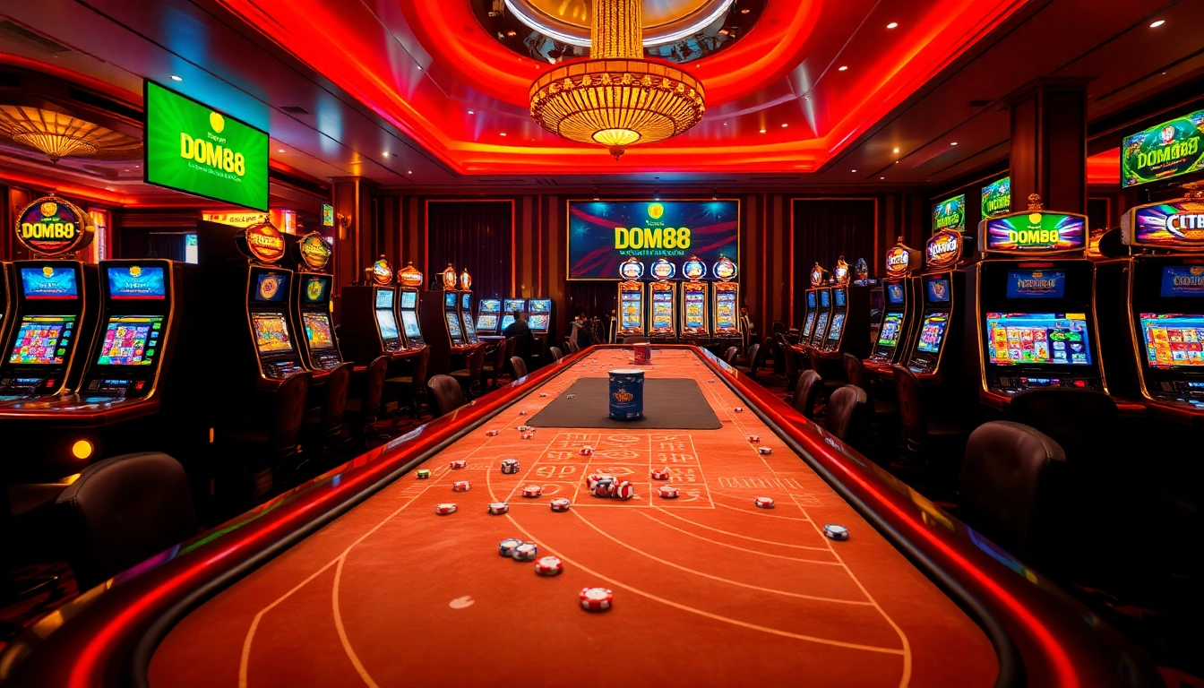 Join the excitement at dom88.us.com, featuring vibrant gaming tables and a lively casino atmosphere.